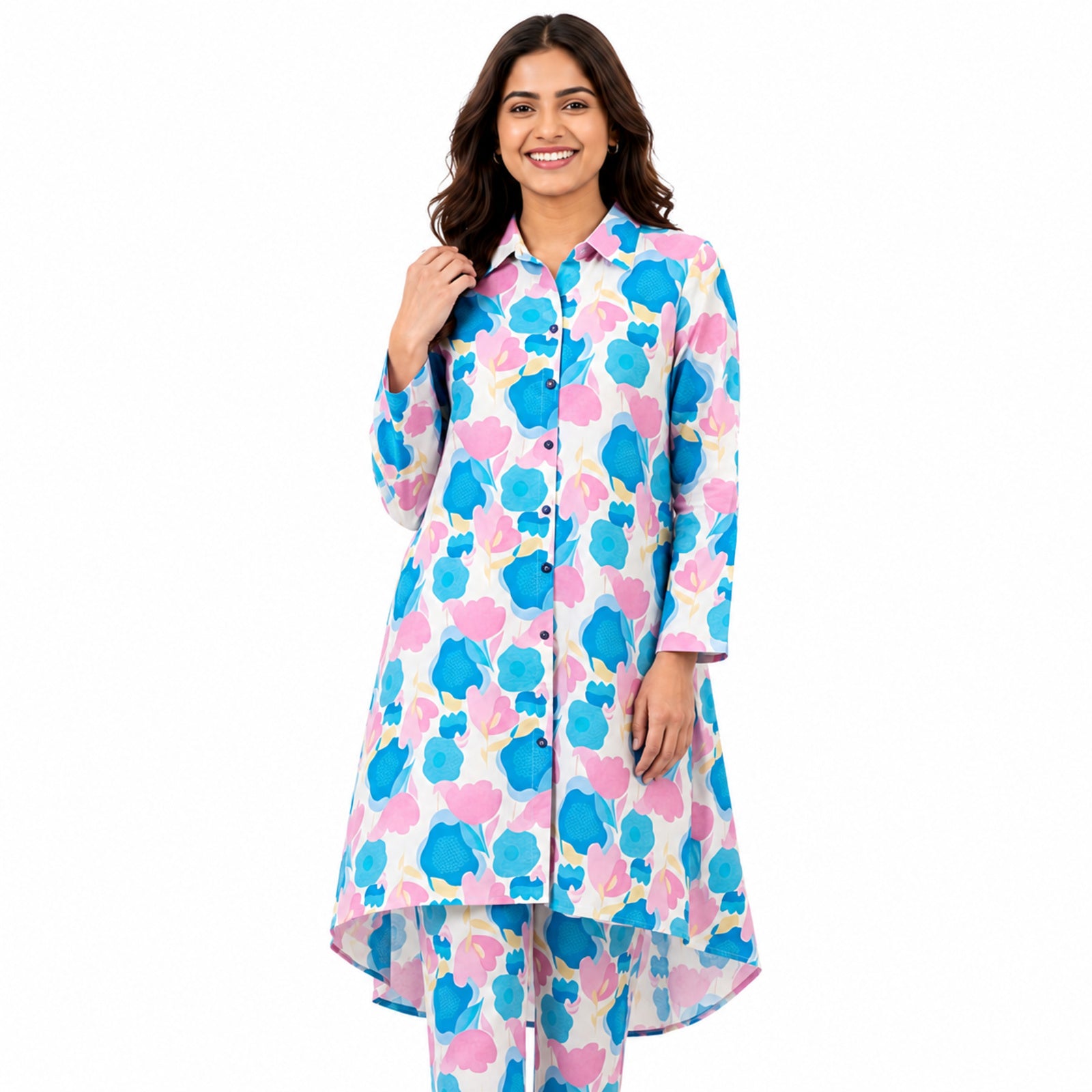 Women's Pastel Floral Printed Co-Ord Set with High-Low Kurta