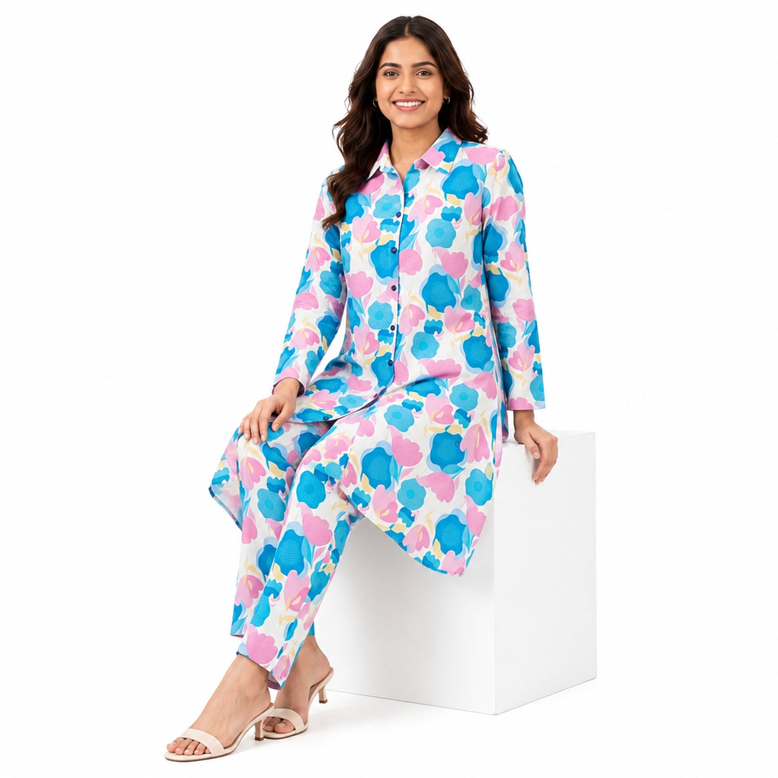 Women's Pastel Floral Printed Co-Ord Set with High-Low Kurta