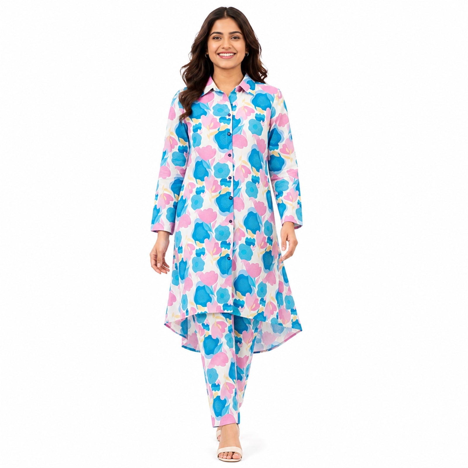 Women's Pastel Floral Printed Co-Ord Set with High-Low Kurta