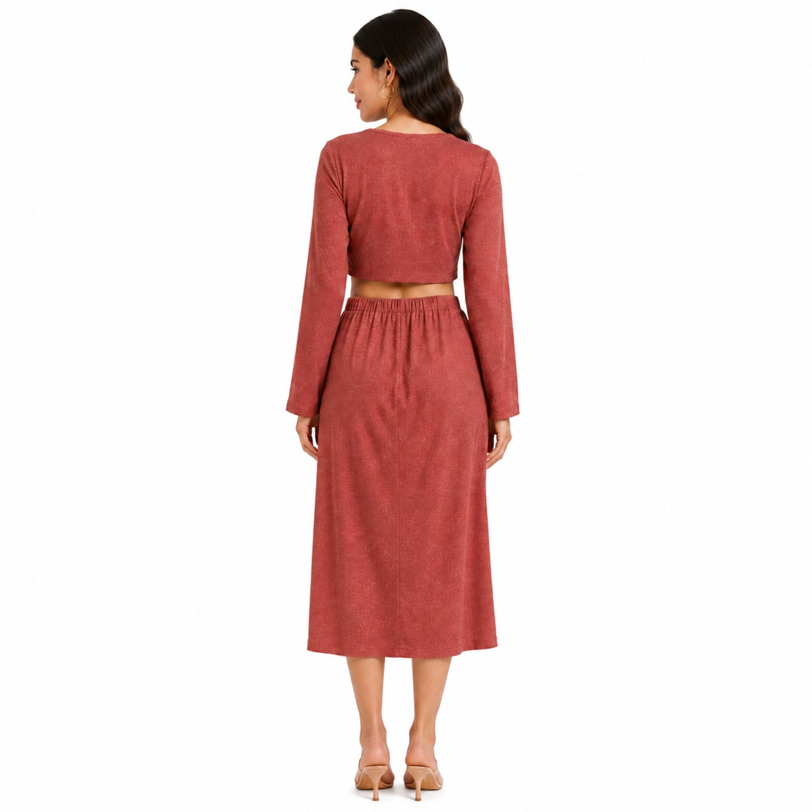 Women's Rust Solid Long Sleeve Crop Top & Twist Front Midi Skirt Co-Ord Set