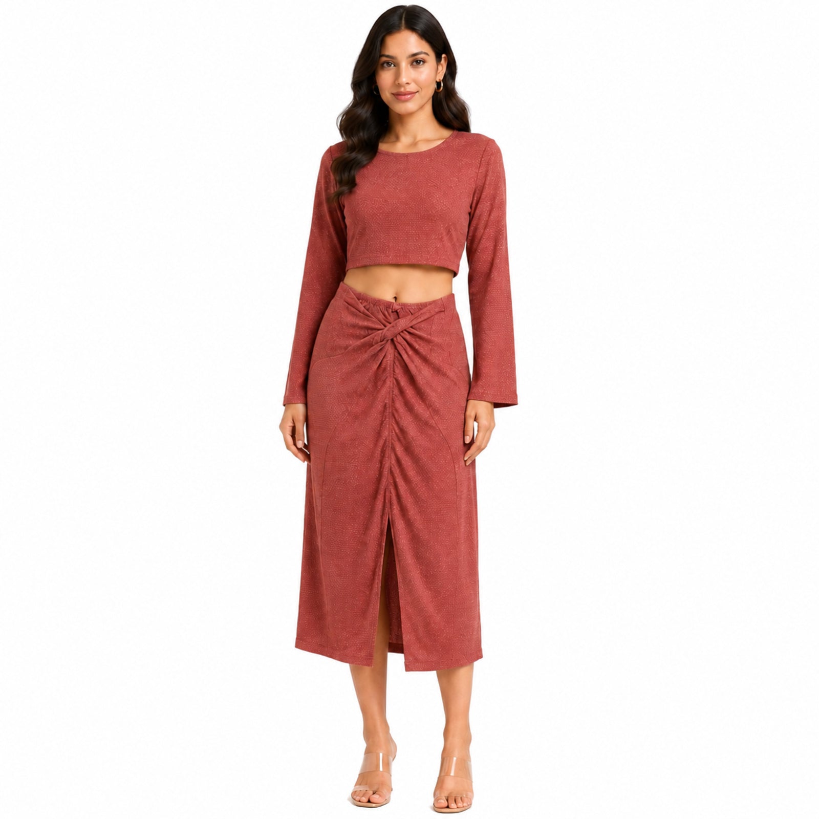 Women's Rust Solid Long Sleeve Crop Top & Twist Front Midi Skirt Co-Ord Set