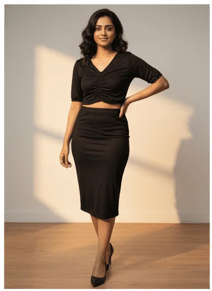 Stylish Black Plain Top & Skirt for Women