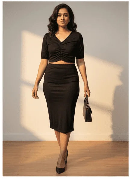 Stylish Black Plain Top & Skirt for Women