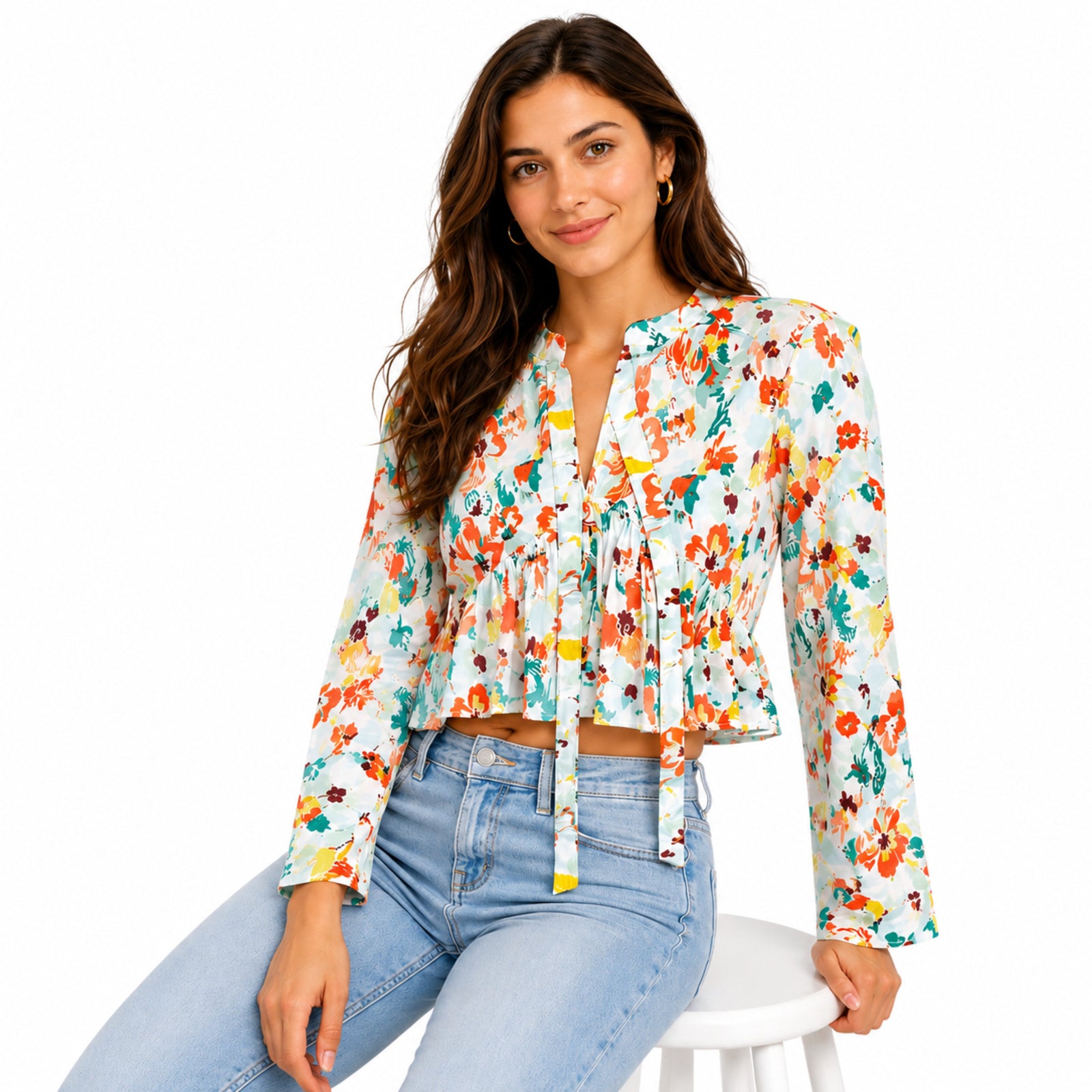 Women's Solstice Bloom Orange Printed Peplum Top