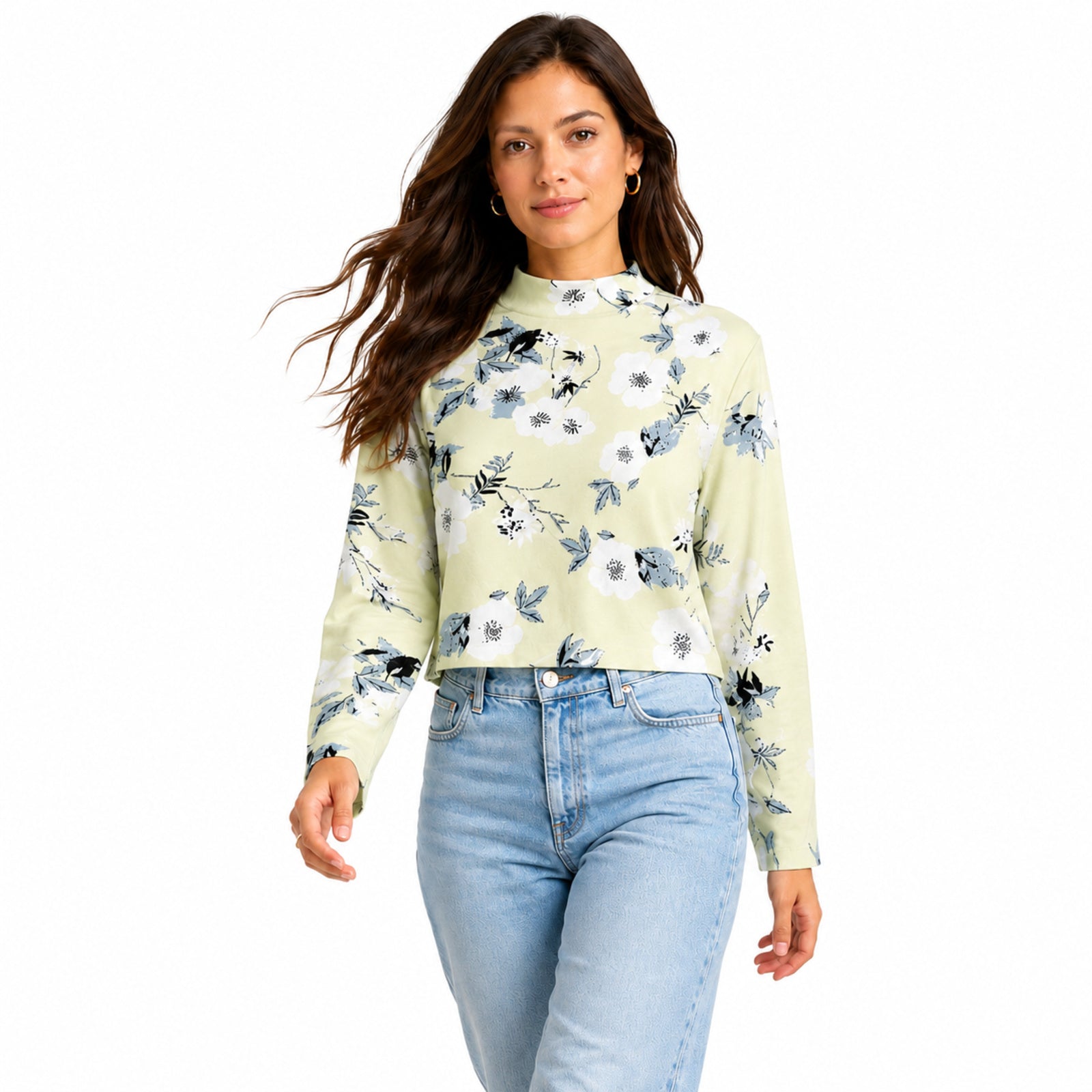 Women's Meadow Muse Yellow Floral Mock Neck Crop Top