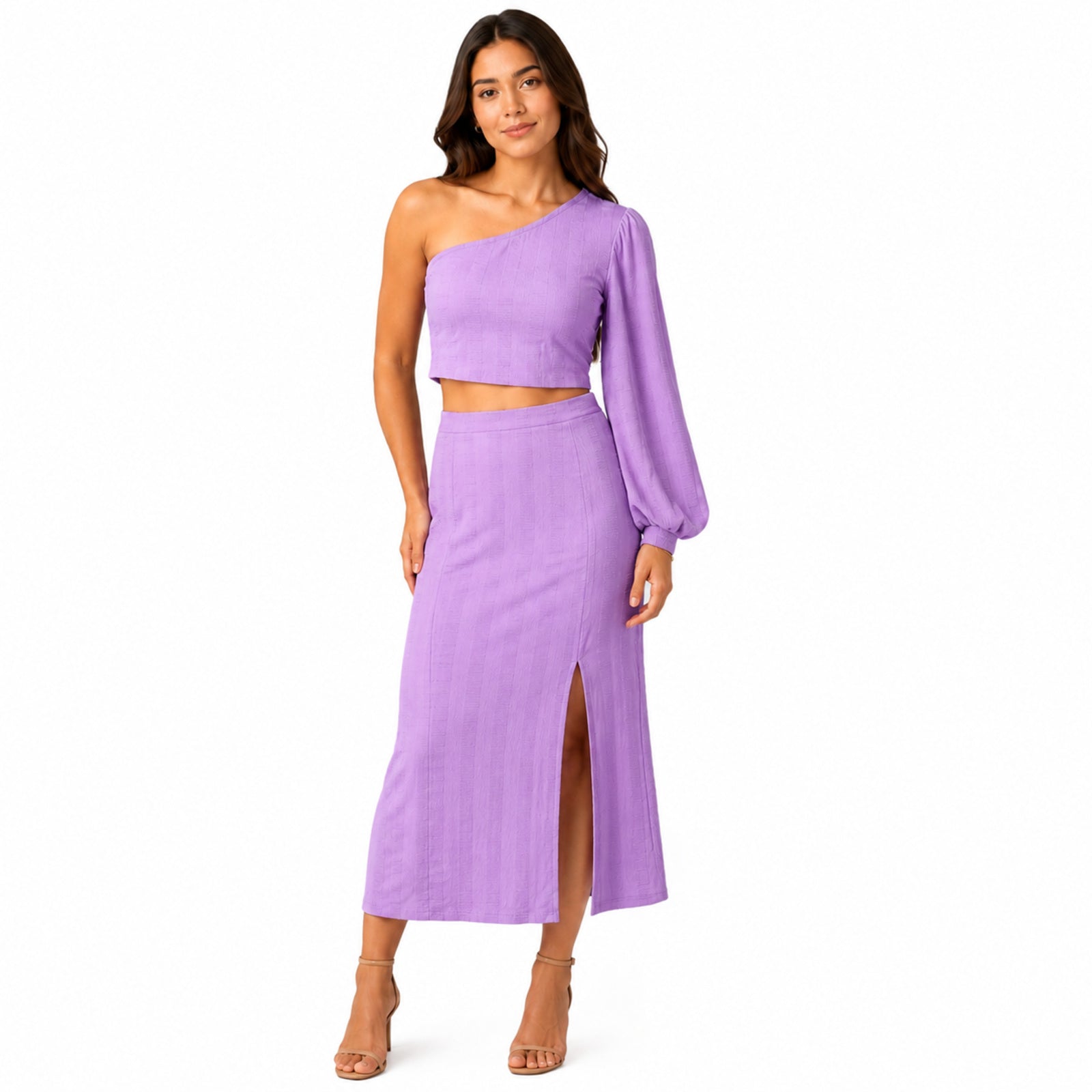Women's Purple One-Shoulder Crop Top and Midi Skirt Co-Ord Set
