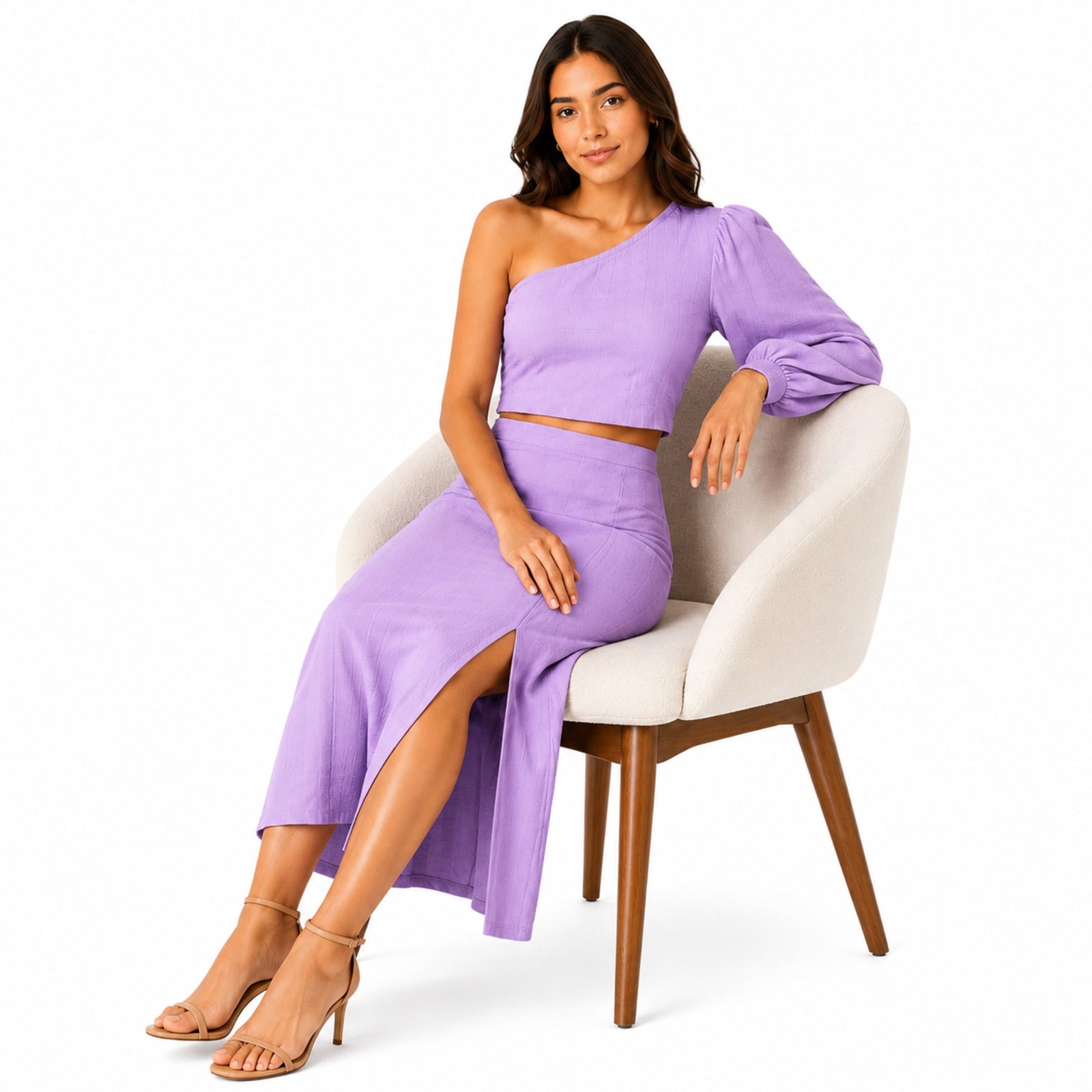 Women's Purple One-Shoulder Crop Top and Midi Skirt Co-Ord Set