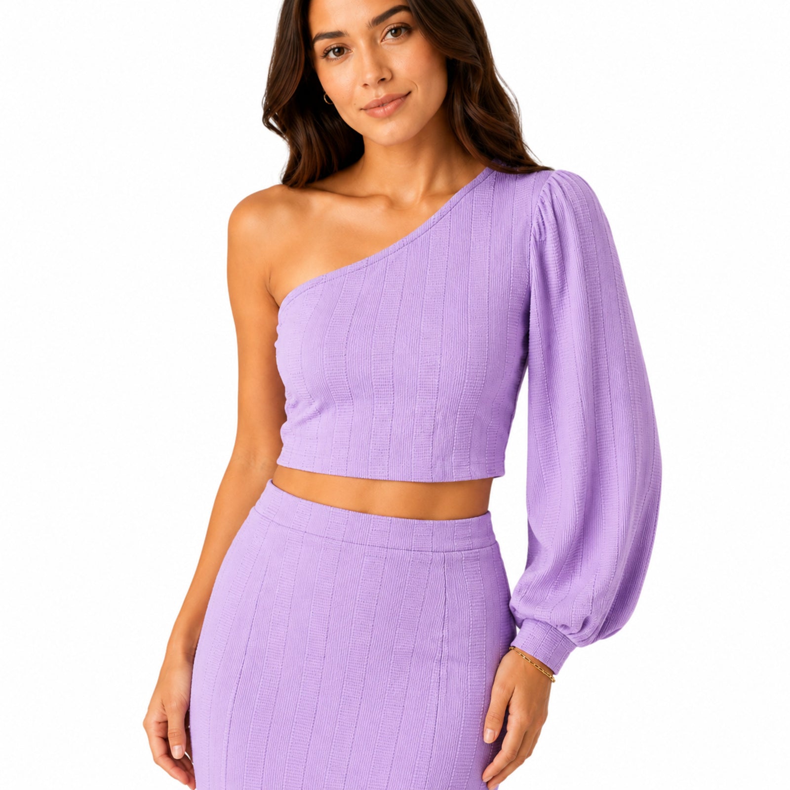 Women's Purple One-Shoulder Crop Top and Midi Skirt Co-Ord Set