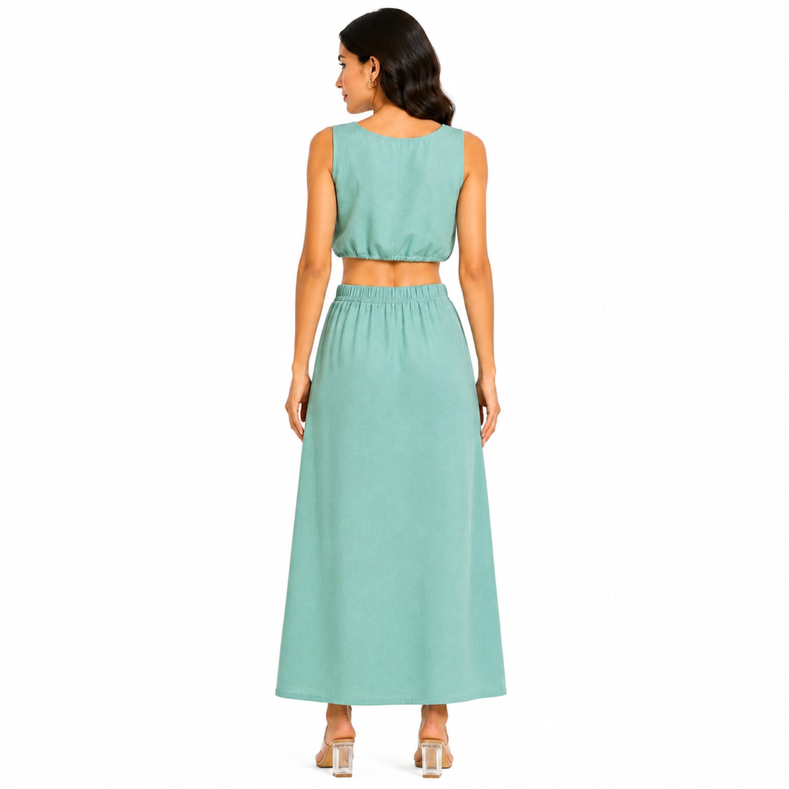 Women's Smoke Sleeveless Drawstring Crop Top and Maxi Skirt Co-Ord Set