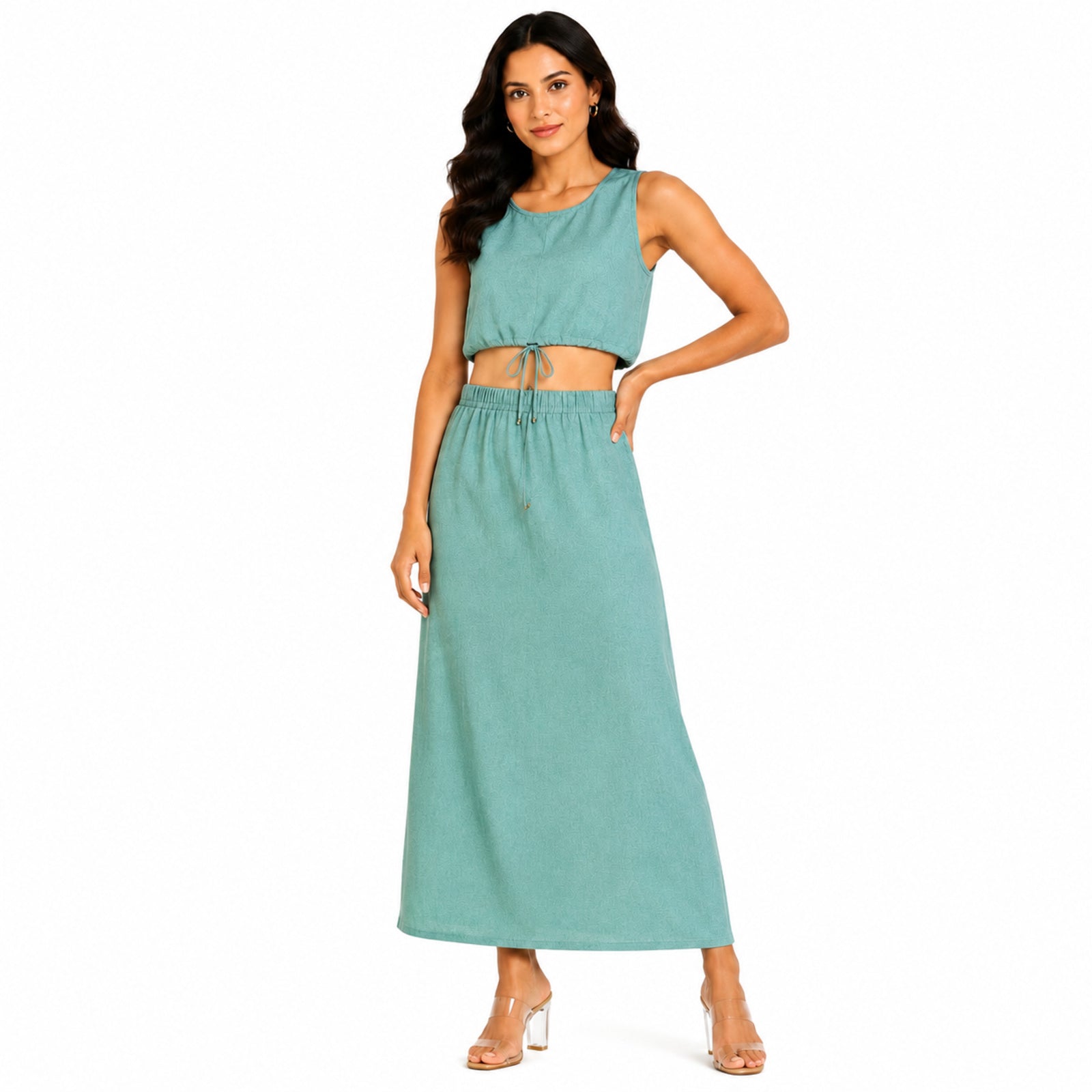Women's Smoke Sleeveless Drawstring Crop Top and Maxi Skirt Co-Ord Set