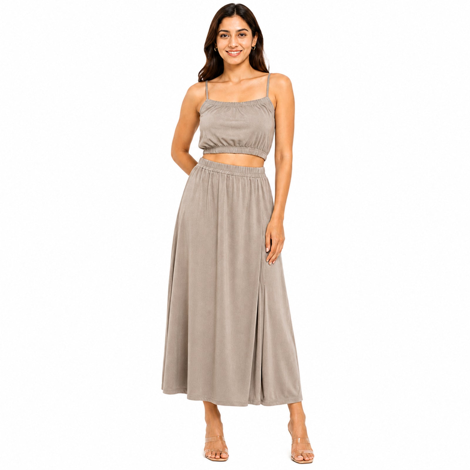 Women's Peach Sleeveless Co-Ord Set | Crop Top & High-Waist Maxi Skirt Two-Piece Outfit