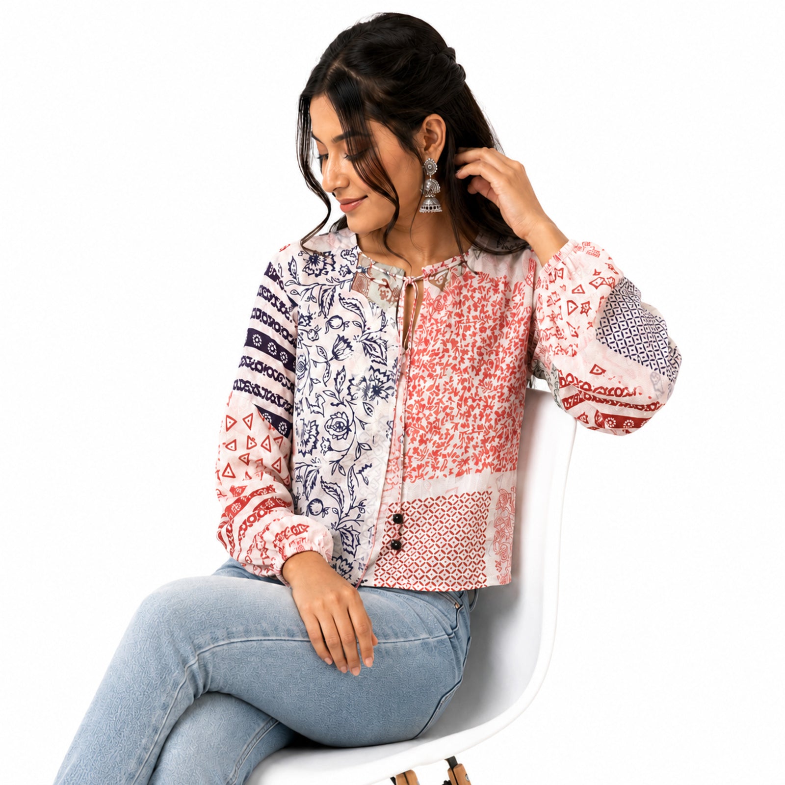 Women's Peach Patchwork Print Tie-Neck Cropped Casual Top