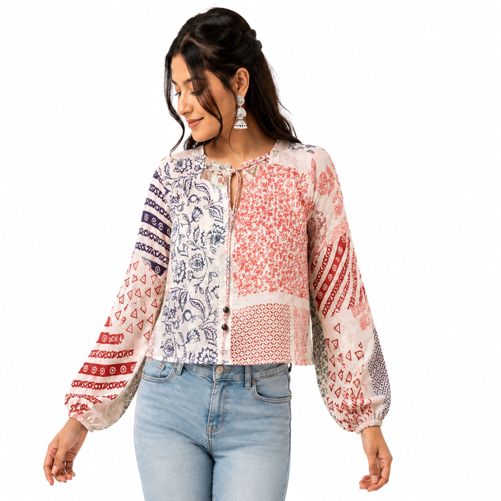 Women's Peach Patchwork Print Tie-Neck Cropped Casual Top