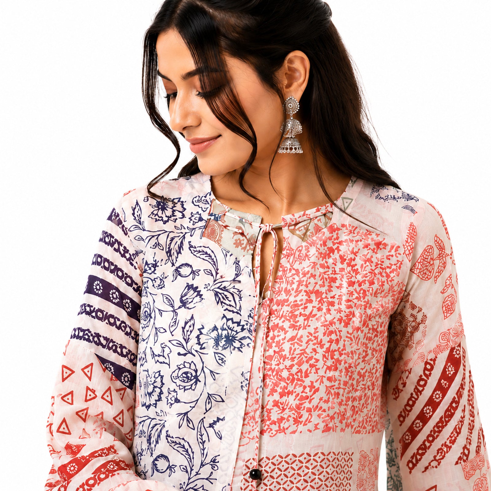 Women's Peach Patchwork Print Tie-Neck Cropped Casual Top