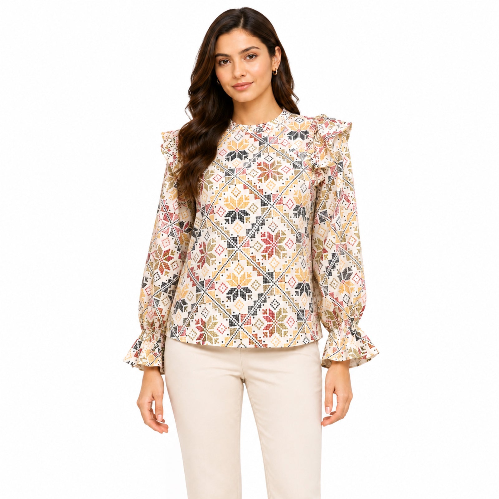 Women's Beige Geometric Print Ruffle Sleeve Top