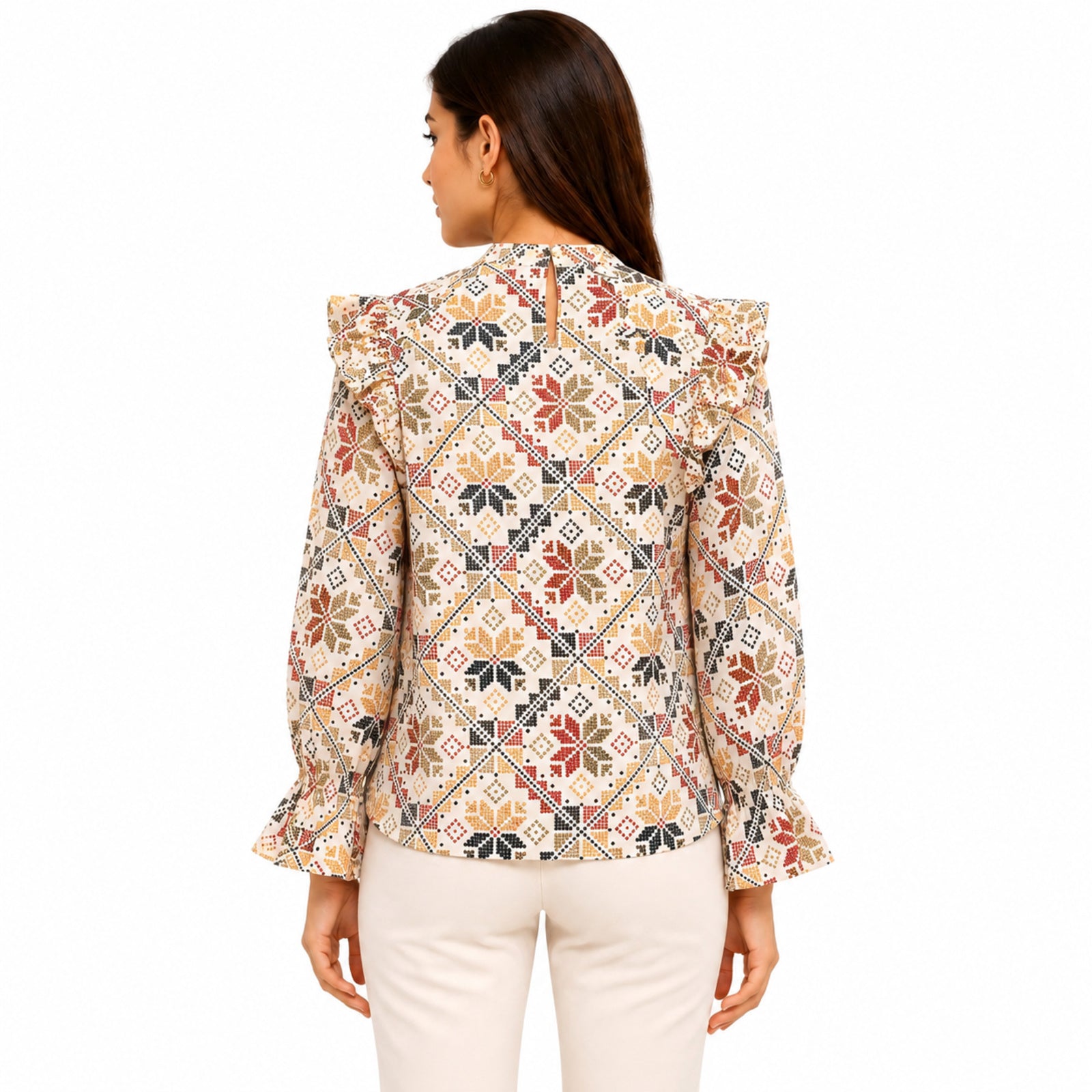 Women's Beige Geometric Print Ruffle Sleeve Top