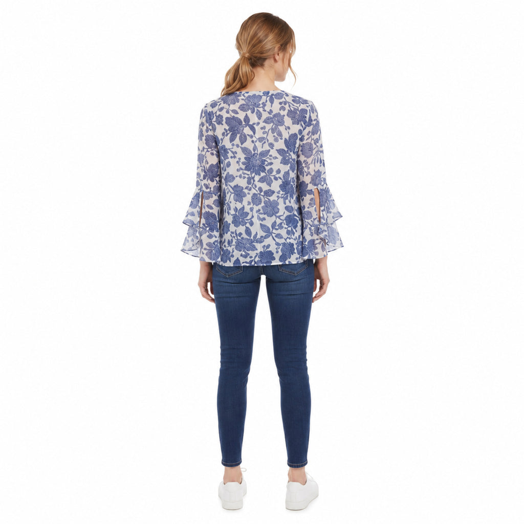 Blue Blossom Tie-Front Bell Sleeve Top