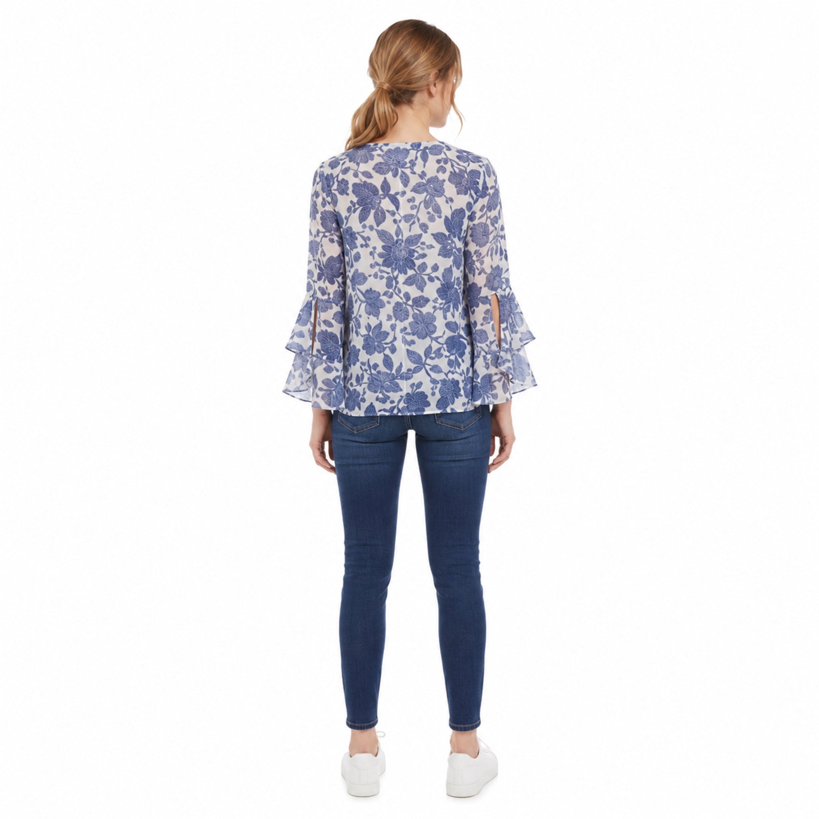 Blue Blossom Tie-Front Bell Sleeve Top
