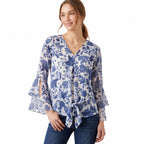 Blue Blossom Tie-Front Bell Sleeve Top