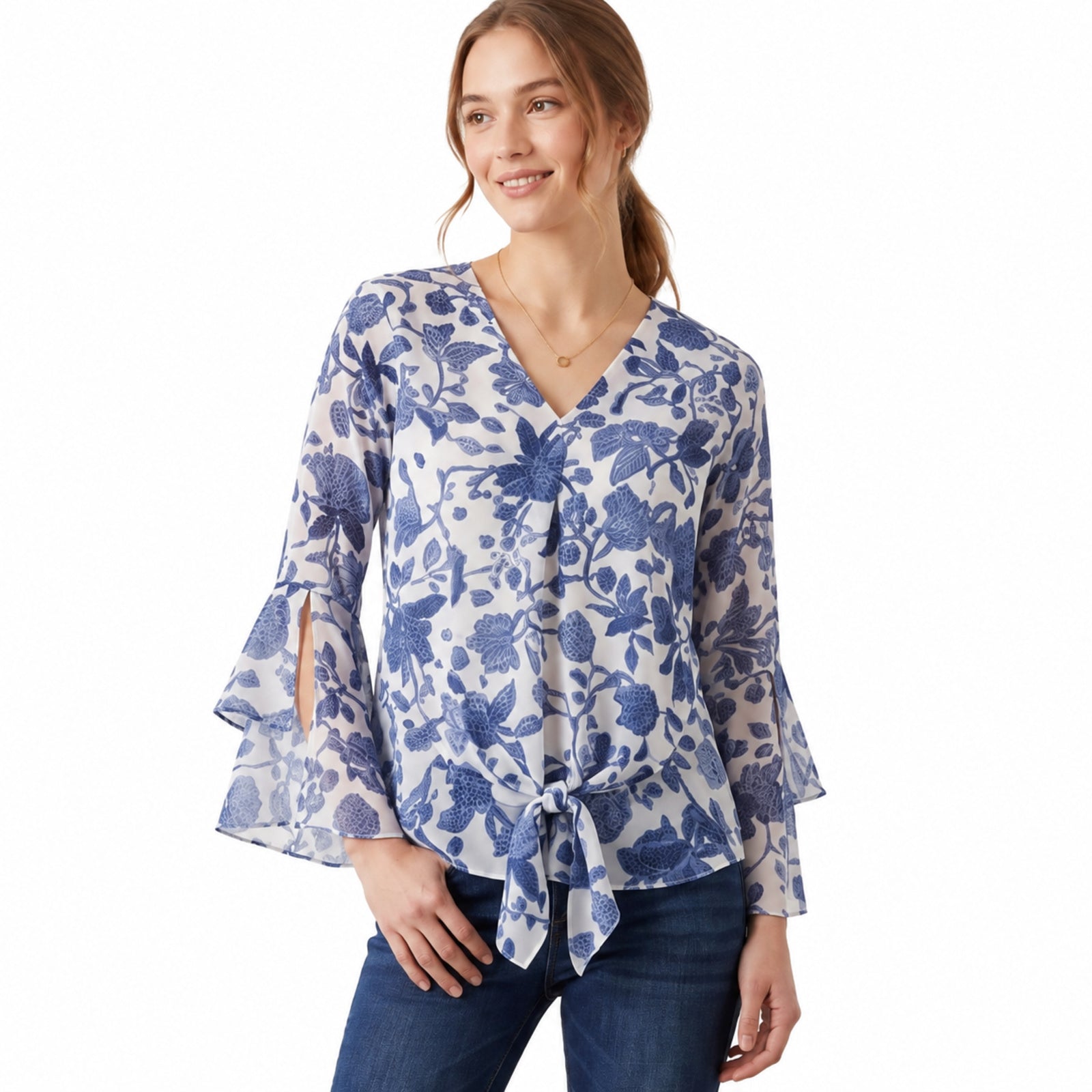 Blue Blossom Tie-Front Bell Sleeve Top