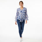 Blue Blossom Tie-Front Bell Sleeve Top