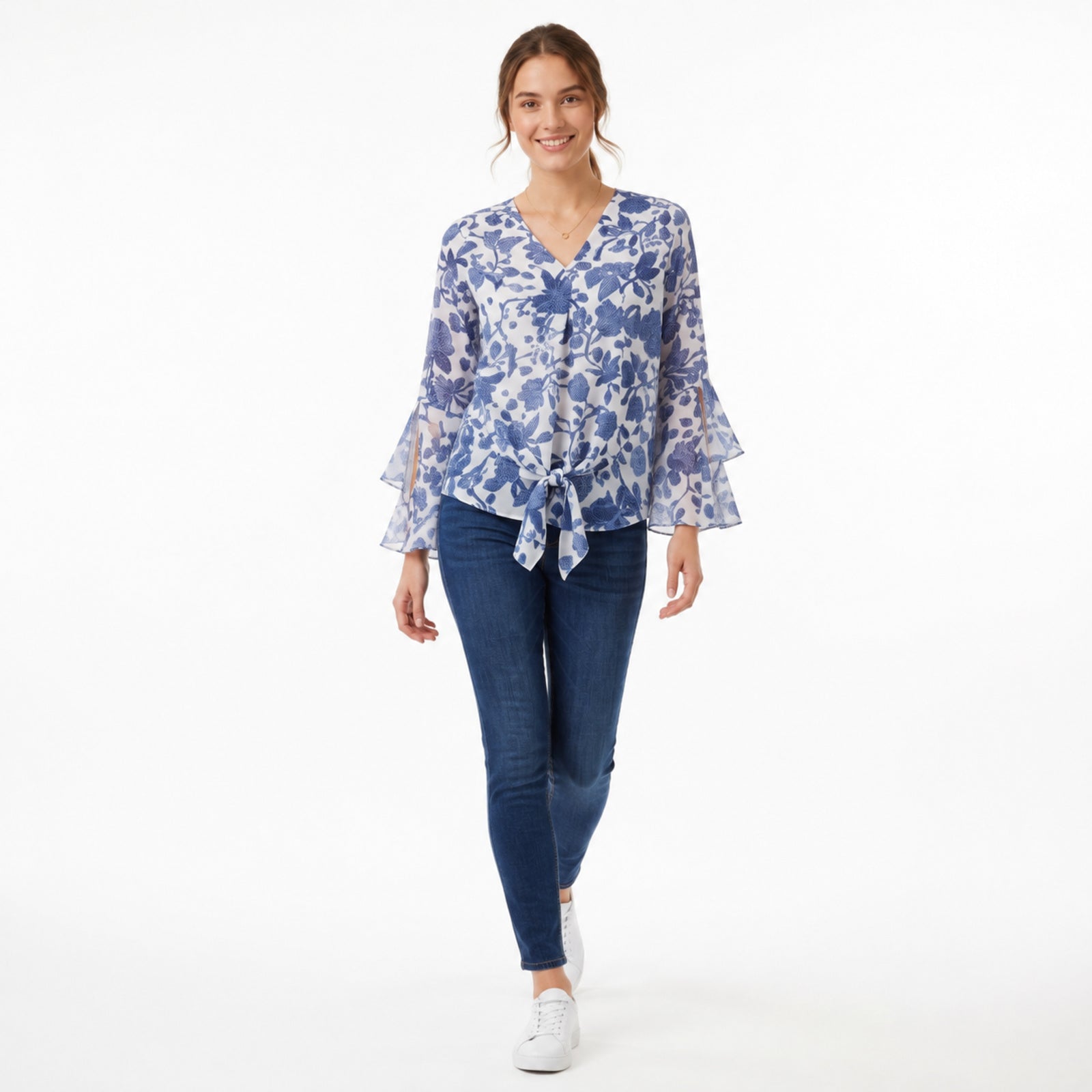 Blue Blossom Tie-Front Bell Sleeve Top