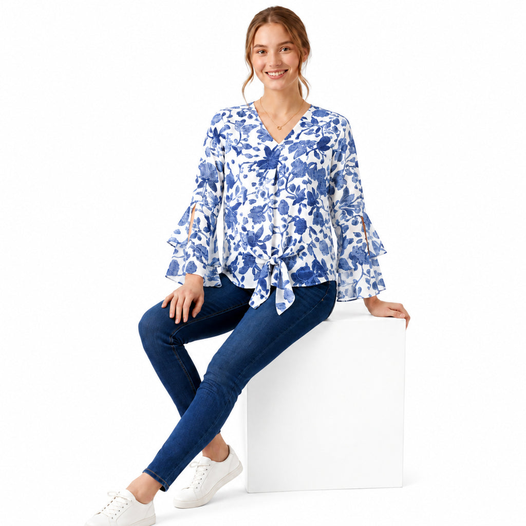 Blue Blossom Tie-Front Bell Sleeve Top