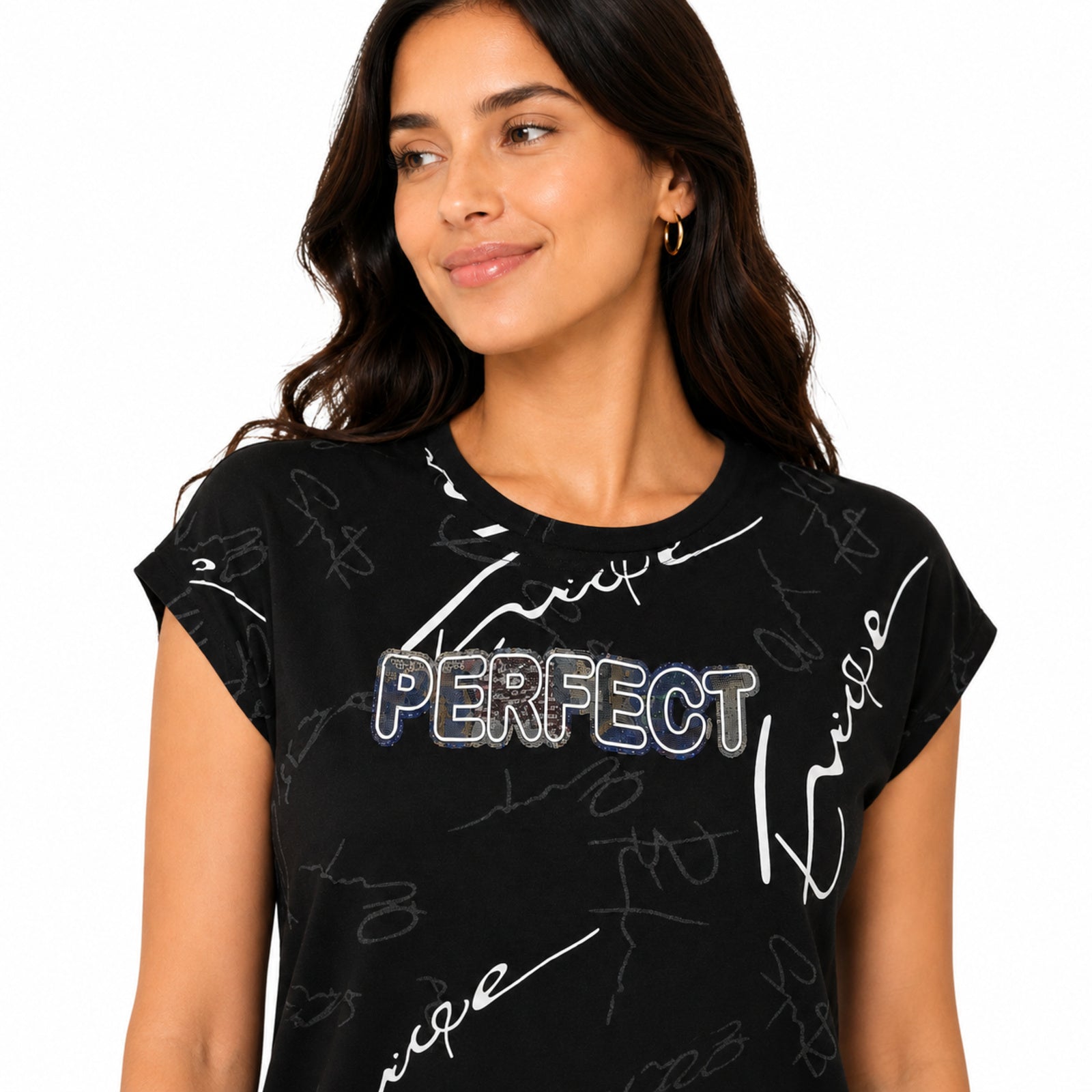 Women's Black Pearl-Embellished Party Wear T-Shirt