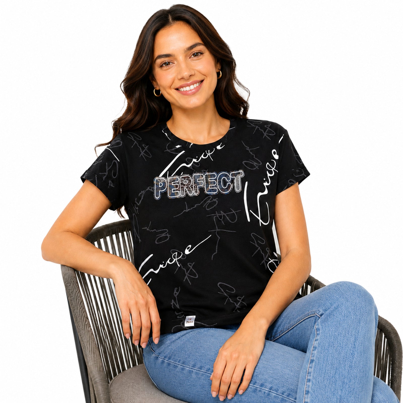 Women's Black Pearl-Embellished Party Wear T-Shirt