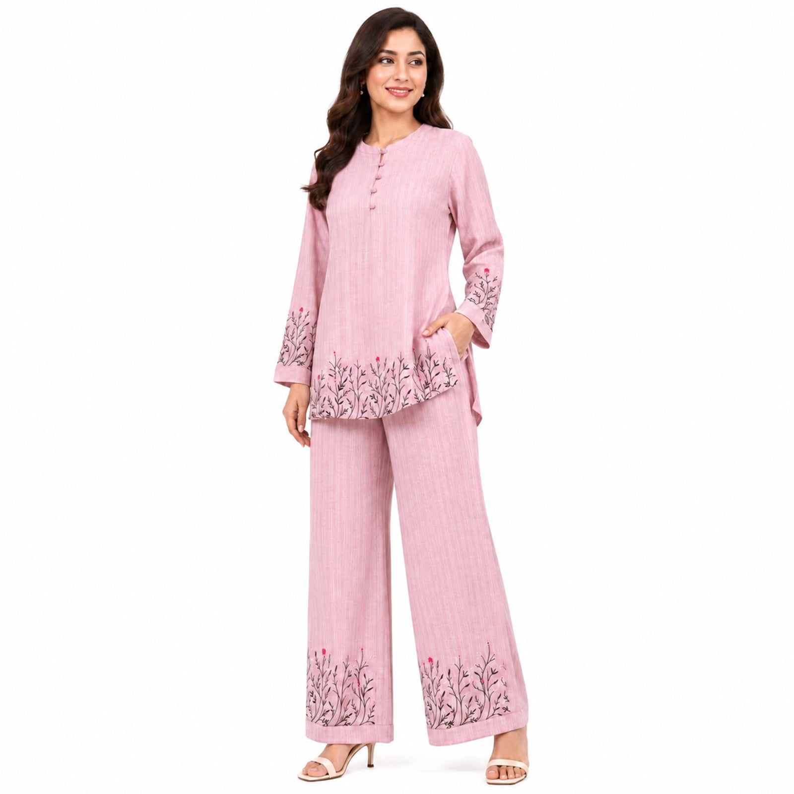 Women's Embroidered Kurta Pant Co-Ord Set | Elegant Straight Fit Ethnic Wear Set with Wide Leg Pants – Pink
