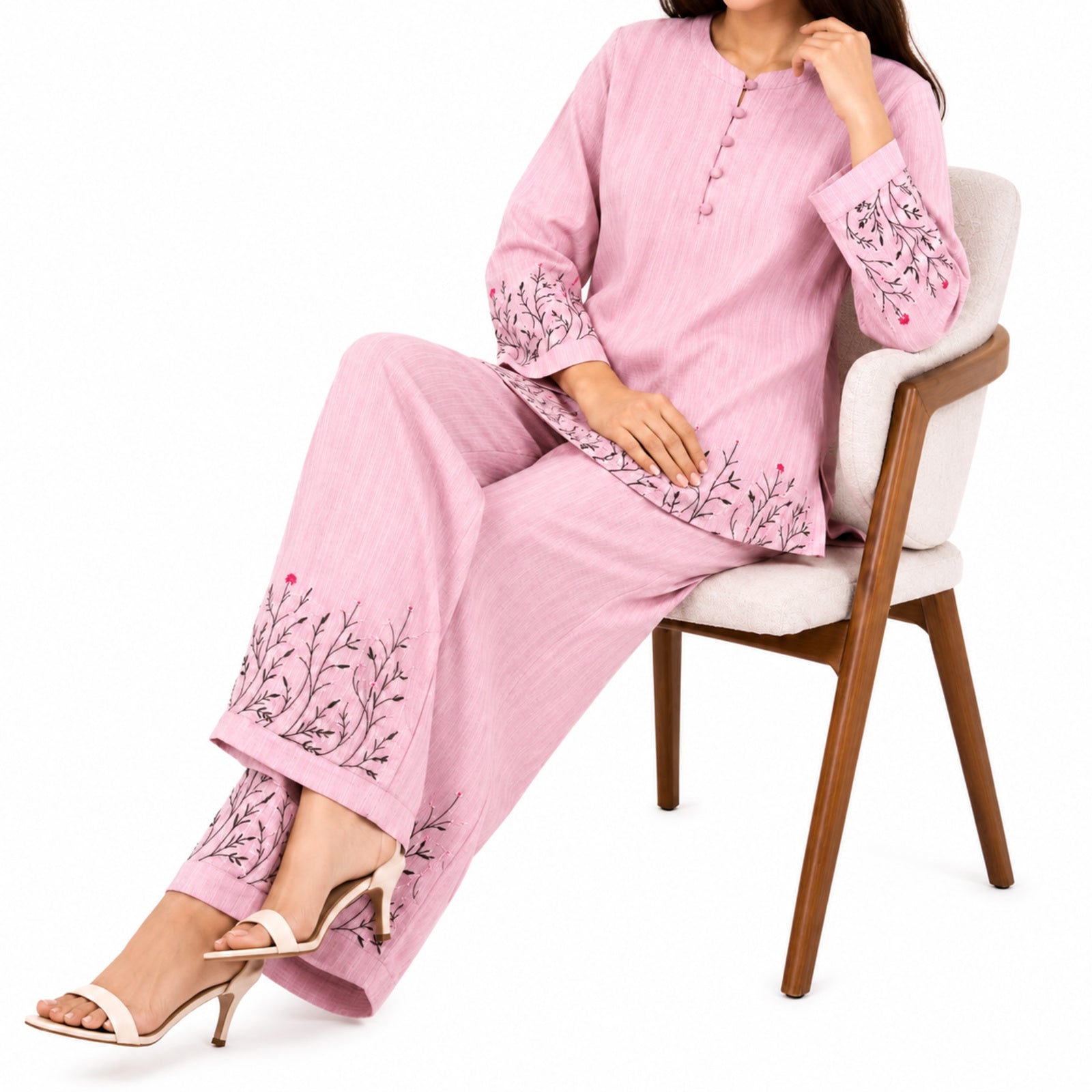 Women's Embroidered Kurta Pant Co-Ord Set | Elegant Straight Fit Ethnic Wear Set with Wide Leg Pants – Pink