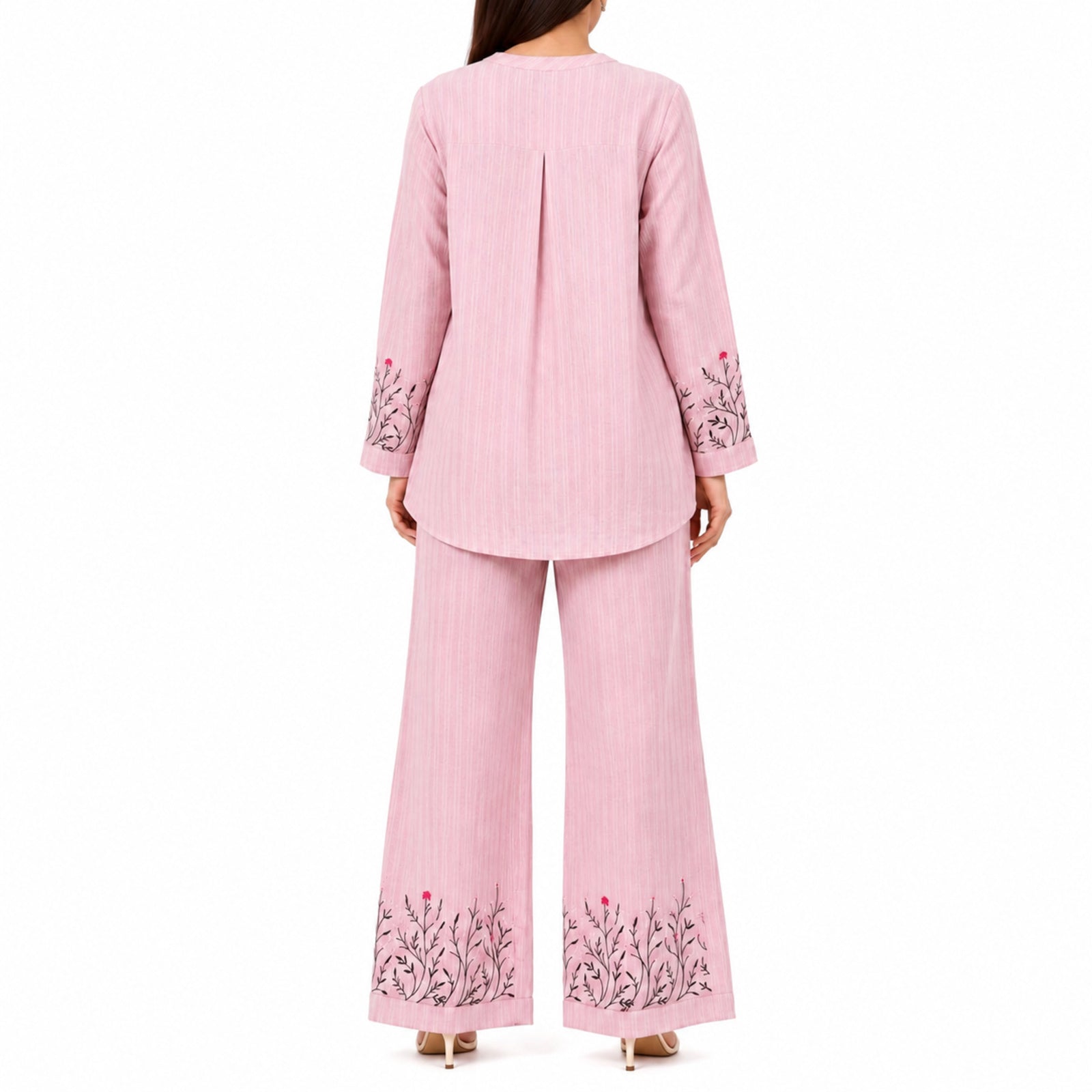 Women's Embroidered Kurta Pant Co-Ord Set | Elegant Straight Fit Ethnic Wear Set with Wide Leg Pants – Pink