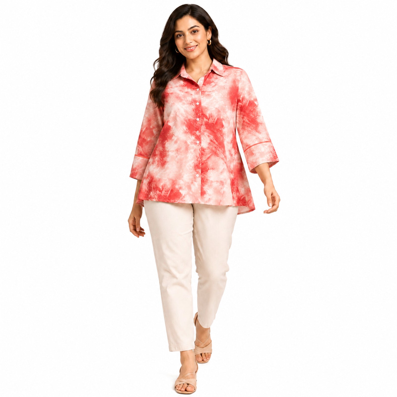 Women's Vibrant Peach Pink Tie-Dye Effect Button-Down Top
