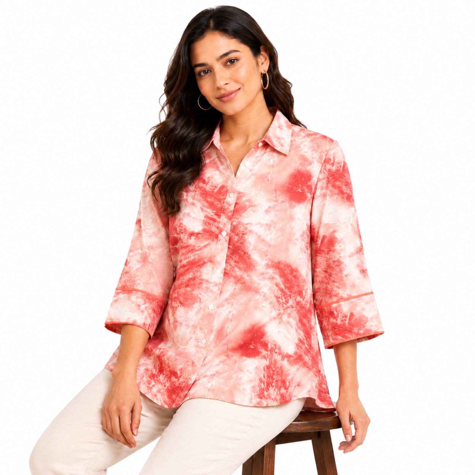 Women's Vibrant Peach Pink Tie-Dye Effect Button-Down Top
