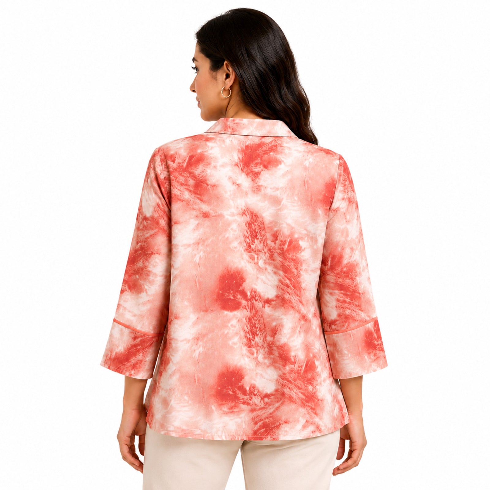 Women's Vibrant Peach Pink Tie-Dye Effect Button-Down Top