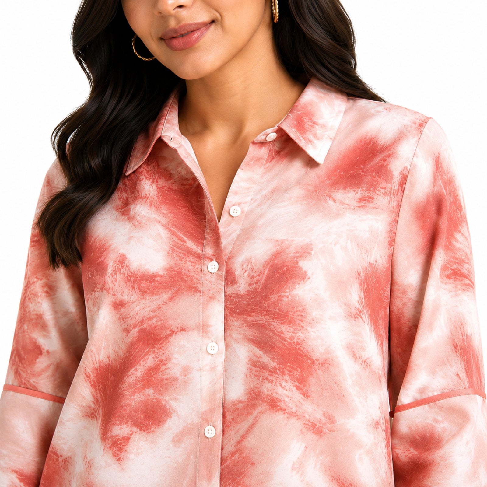 Women's Vibrant Peach Pink Tie-Dye Effect Button-Down Top