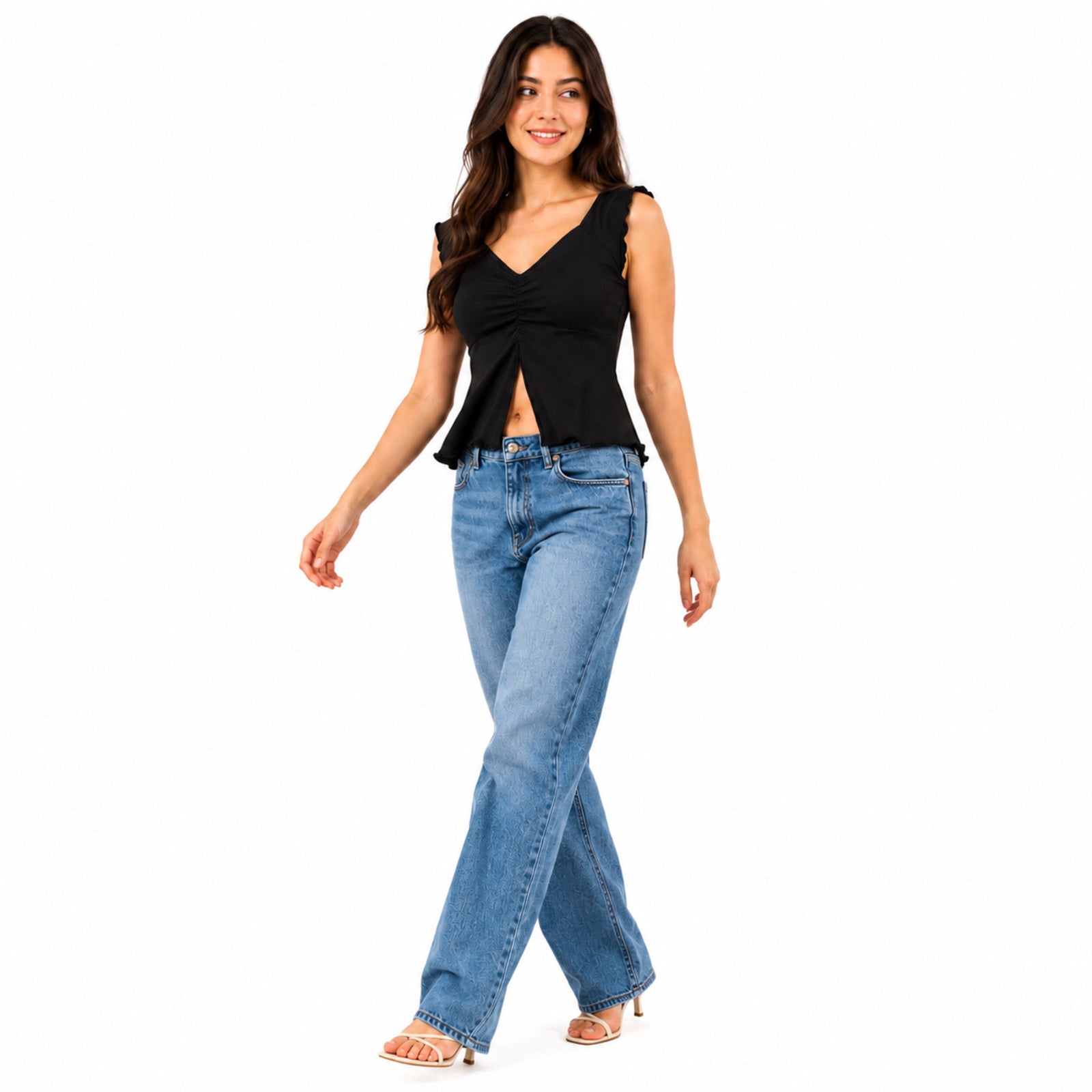 Women's Luxury Ruched Front Ribbed Black Crop Top with Lettuce Edge Trims