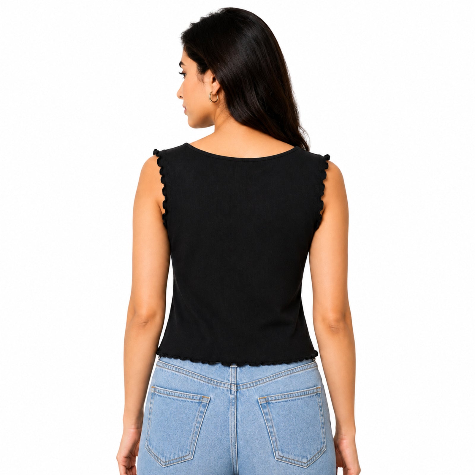Women's Luxury Ruched Front Ribbed Black Crop Top with Lettuce Edge Trims