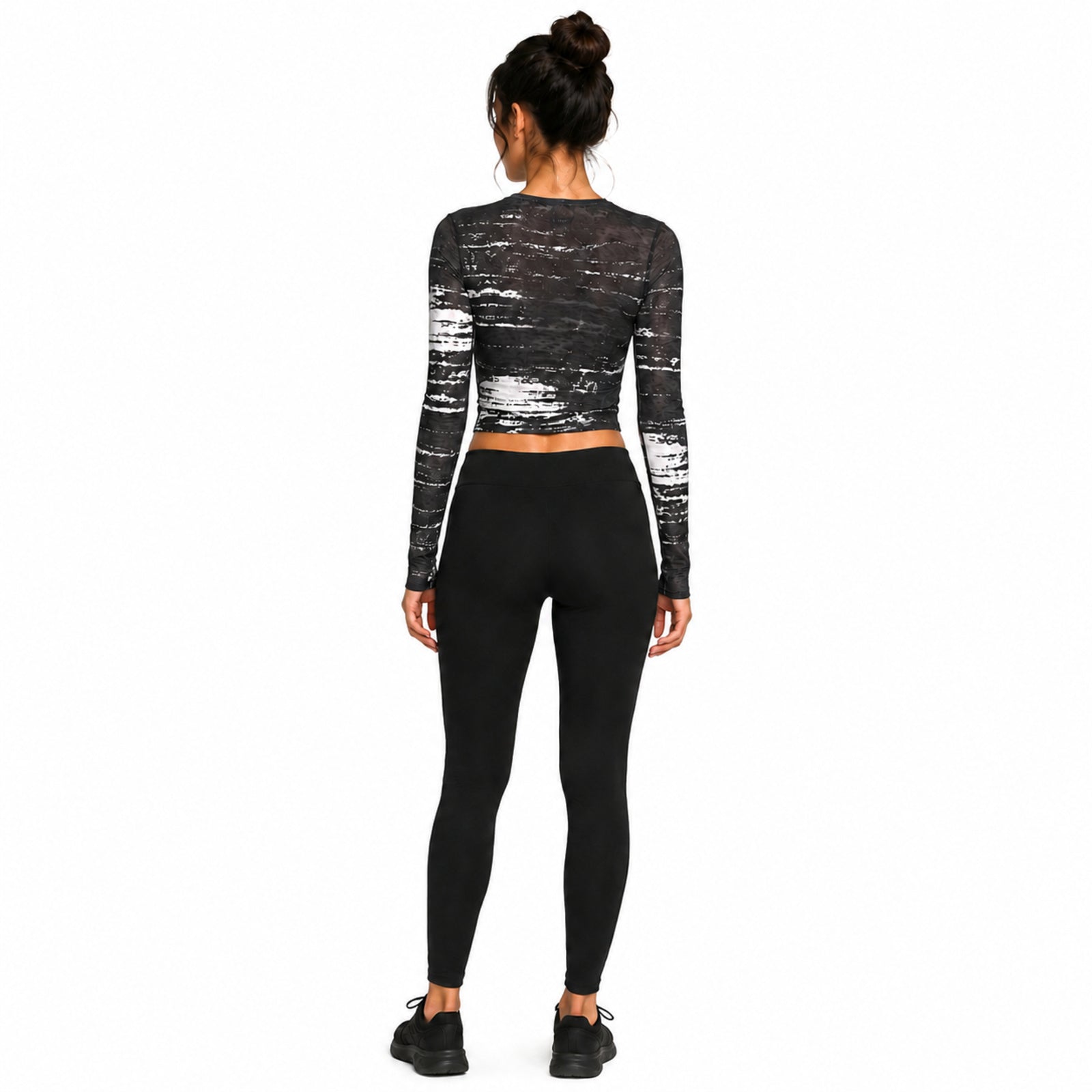 Women's Black Abstract Mesh Crop Top with Full Sleeves