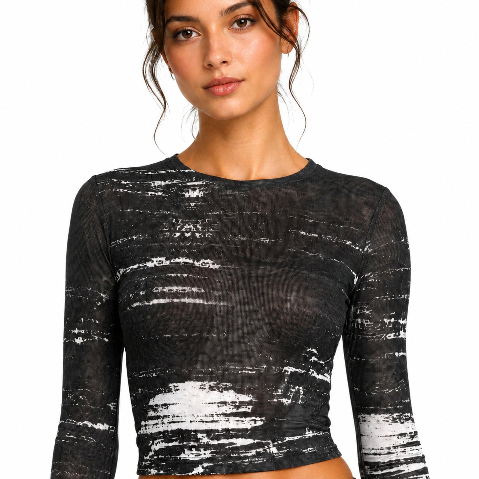 Women's Black Abstract Mesh Crop Top with Full Sleeves
