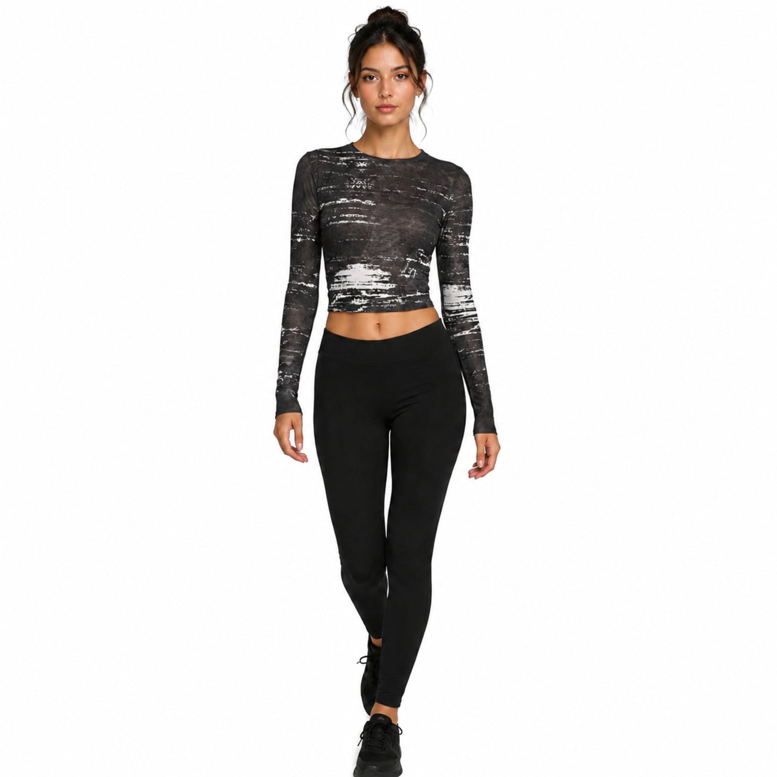Women's Black Abstract Mesh Crop Top with Full Sleeves