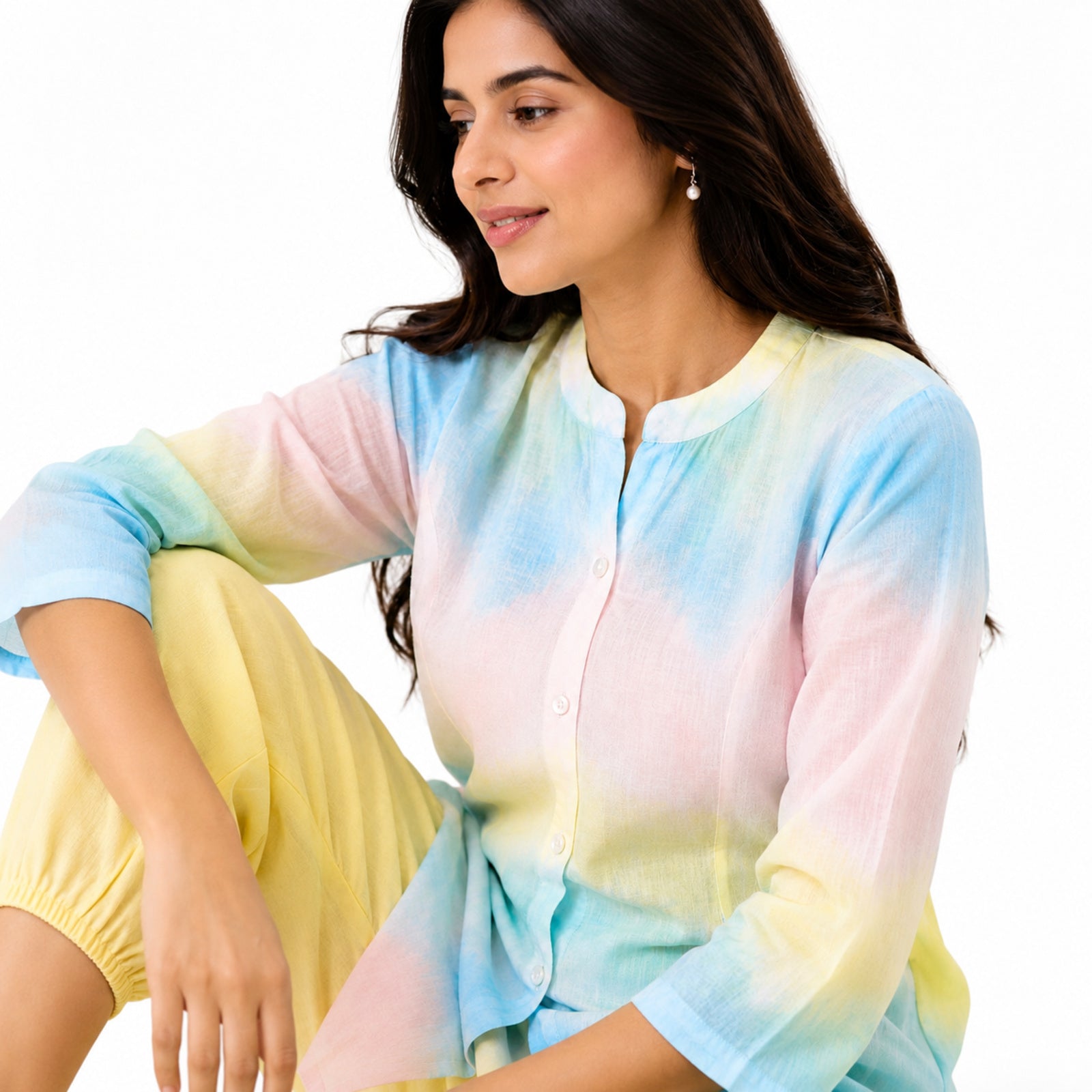 Women's Yellow Tie-Dye Collared Shirt and Wide-Leg Pyjama Co-Ord Set | Relaxed Lounge Set