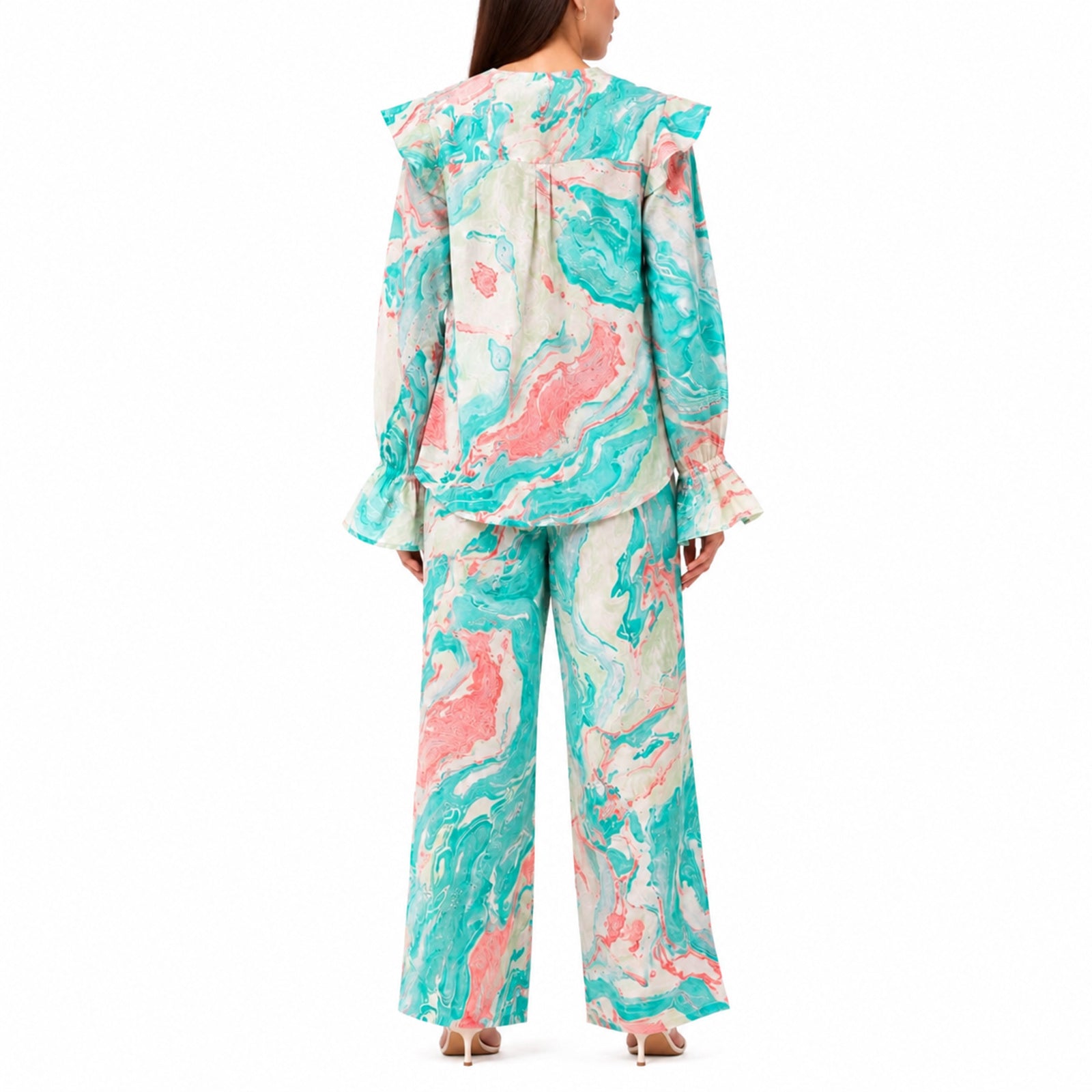 Women's Elegant Marble Print Ruffle Co-Ord Set with Flared Sleeves & Wide Leg Pants