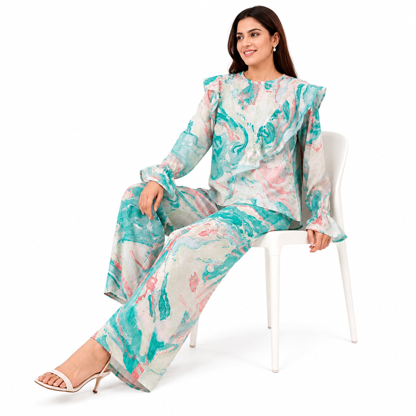 Women's Elegant Marble Print Ruffle Co-Ord Set with Flared Sleeves & Wide Leg Pants