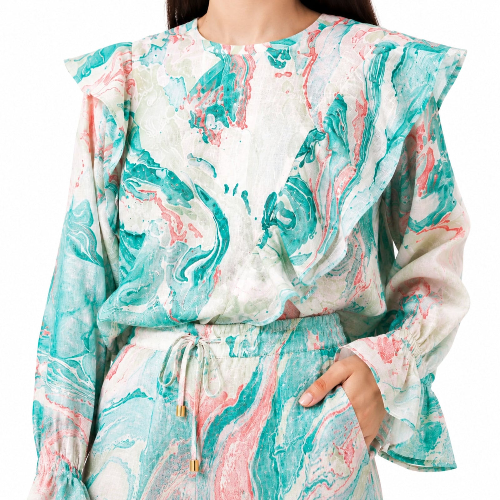 Women's Elegant Marble Print Ruffle Co-Ord Set with Flared Sleeves & Wide Leg Pants