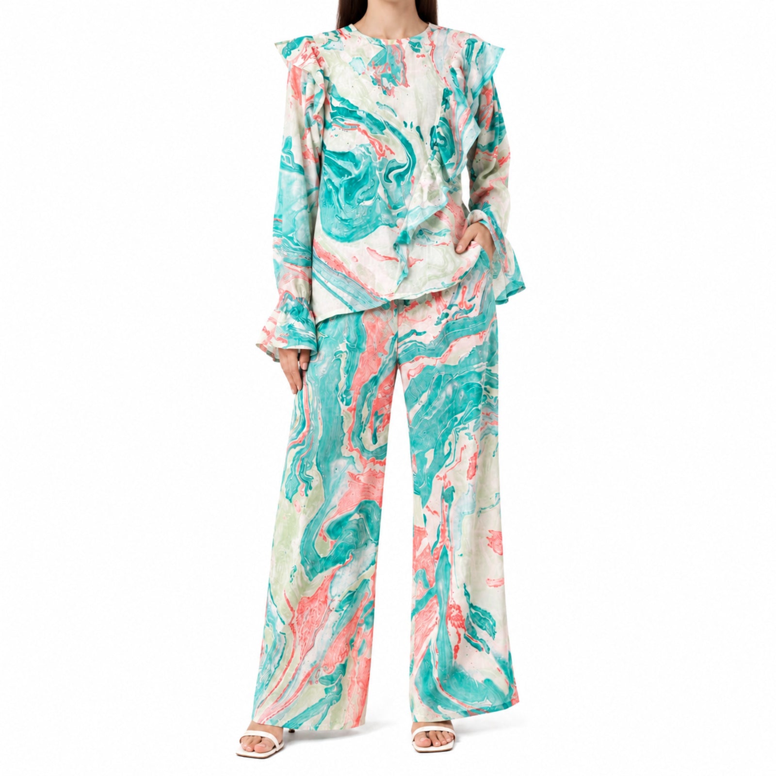 Women's Elegant Marble Print Ruffle Co-Ord Set with Flared Sleeves & Wide Leg Pants