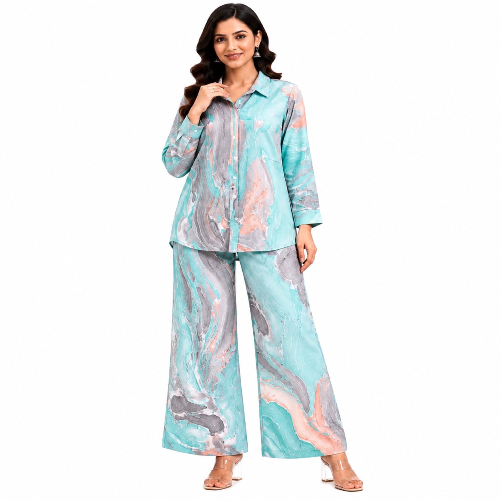 Women's Marble Print Co-Ord Set | Stylish Shirt & Wide Leg Pant Co-Ord Set for Women – Green