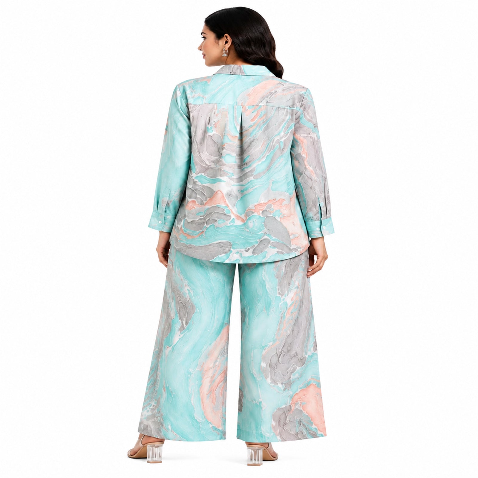Women's Marble Print Co-Ord Set | Stylish Shirt & Wide Leg Pant Co-Ord Set for Women – Green