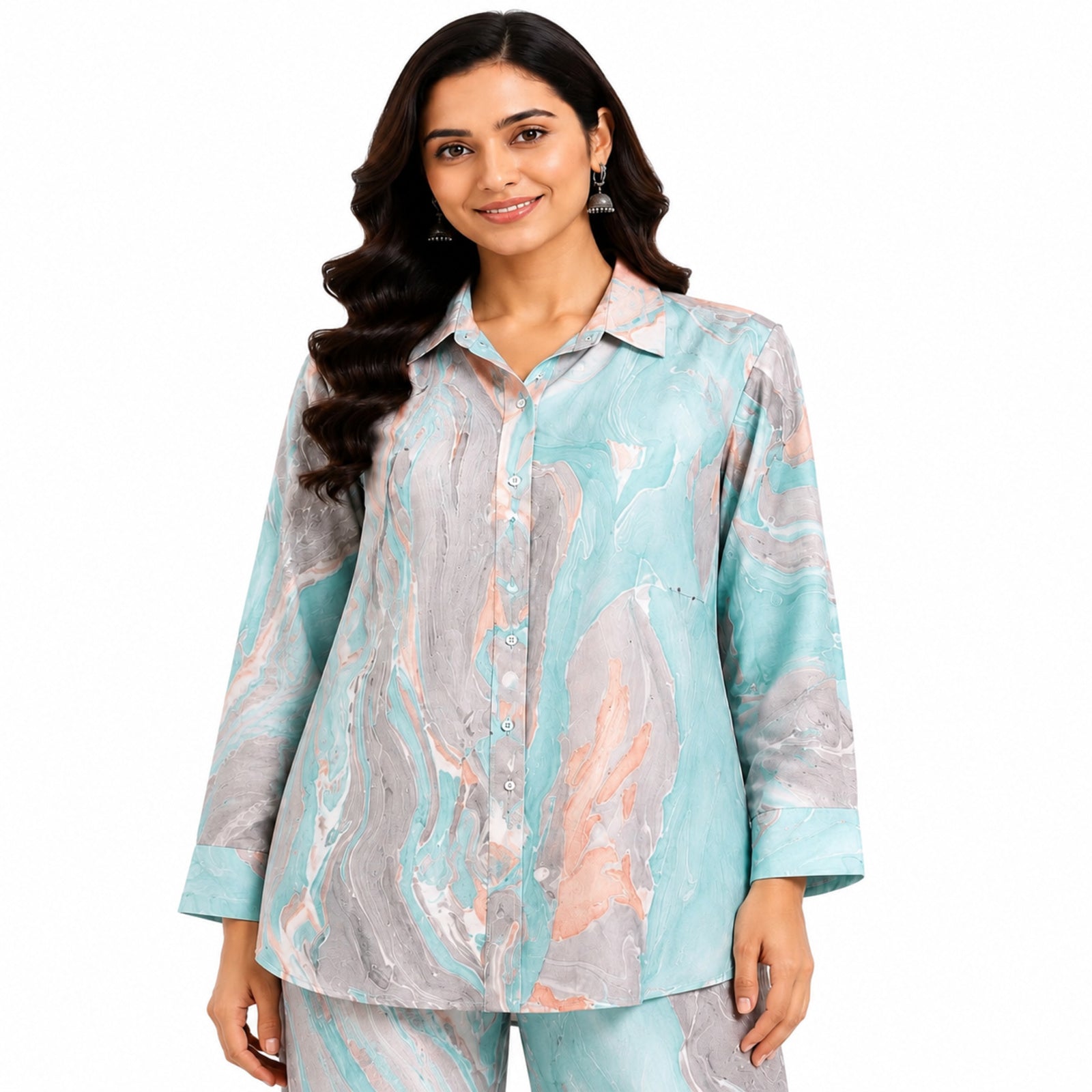 Women's Marble Print Co-Ord Set | Stylish Shirt & Wide Leg Pant Co-Ord Set for Women – Green