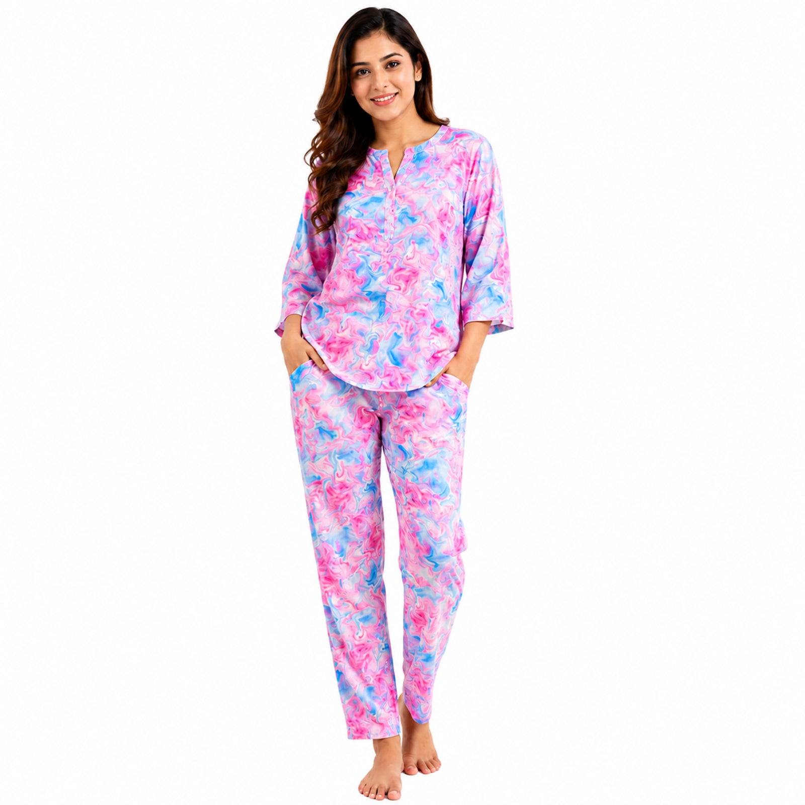 Women's Pink Abstract Printed Night Suit Co-Ord Set